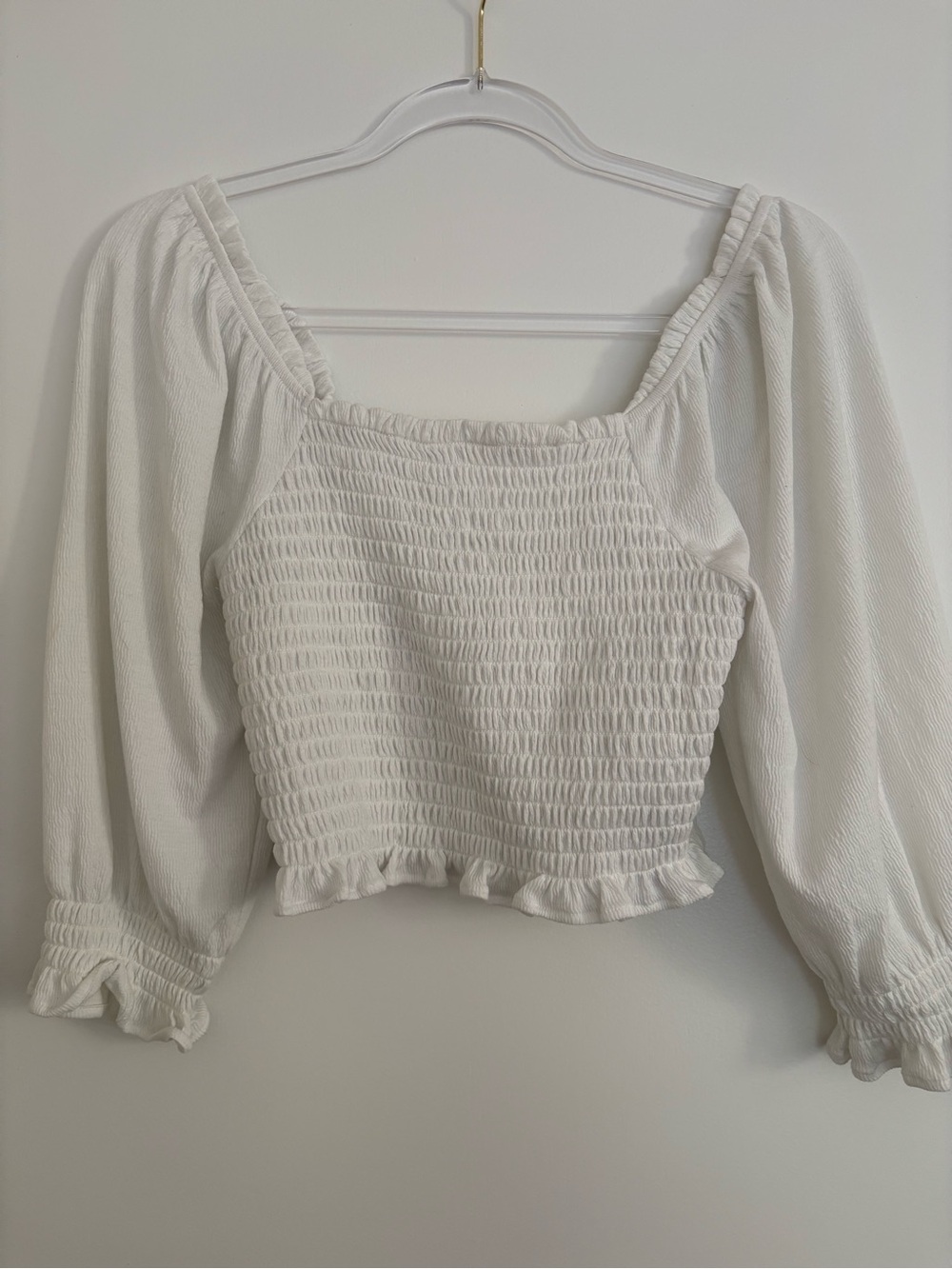 Free People White Smocked Puff-Sleeve Crop Top